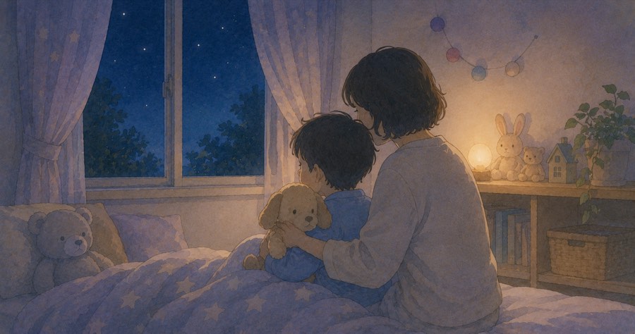 星空の見える子ども部屋のベッドで、ぬいぐるみを抱えた男の子を後ろから抱きしめる母親。夜が怖い子に寄り添う場面のイメージ