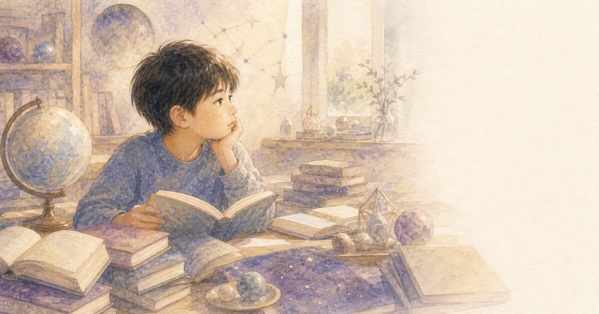本に囲まれた机で本を開いたまま、頬に手をあてて考えごとをする男の子。地球儀や星座の図もある。ギフテッドの子の内面のイメージ