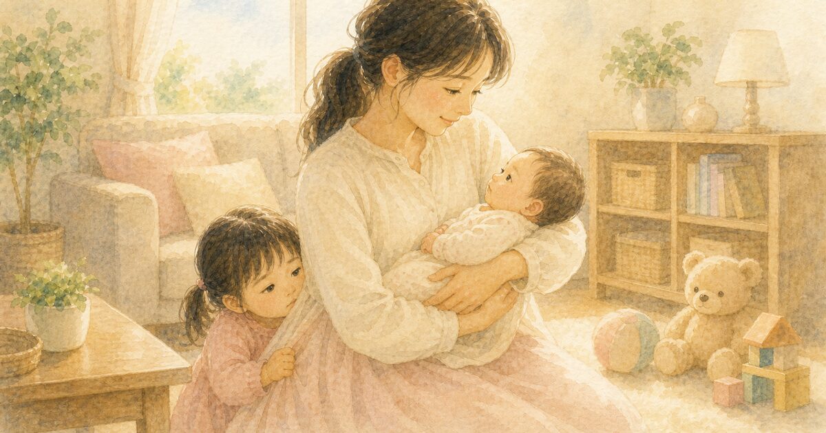 赤ちゃんを抱く母親の服のすそをつかみ、そばに寄る上の子。下の子の誕生で甘えが強くなる赤ちゃん返りのイメージ