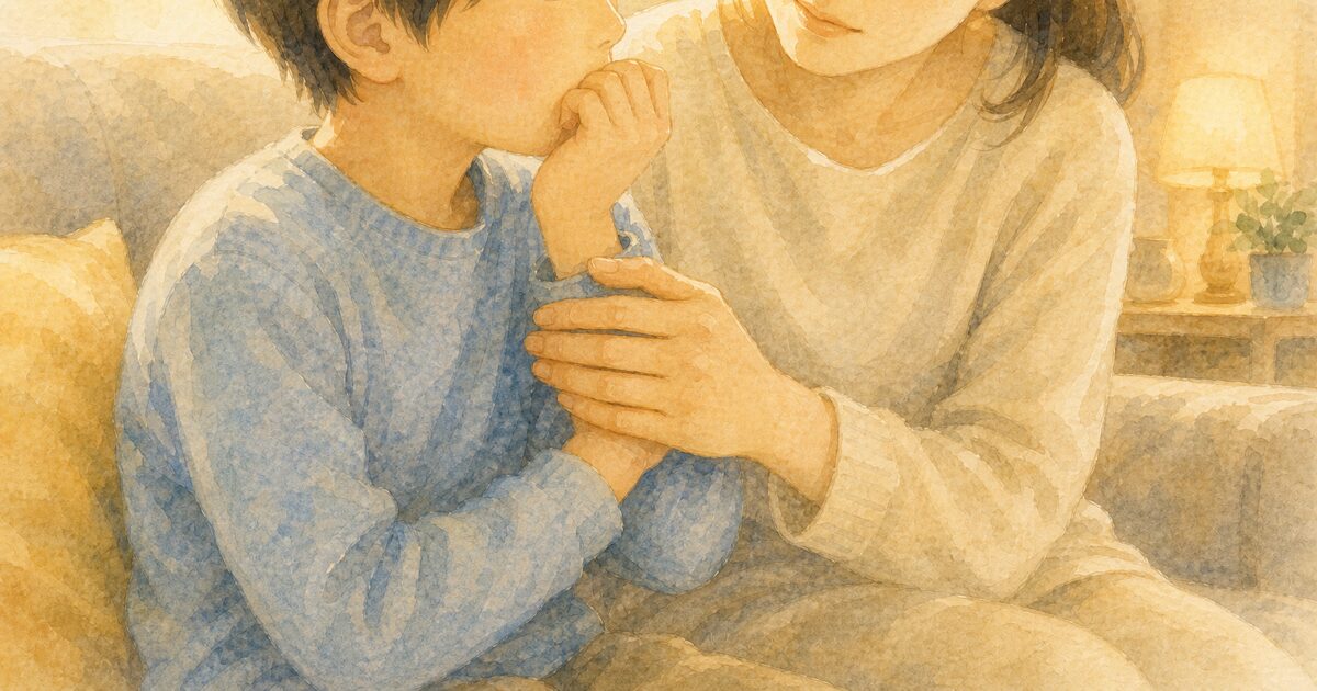 ソファで爪をかむ子どもの手を、叱らずにそっと包む母親の手。爪かみなどのクセへの関わり方のイメージ