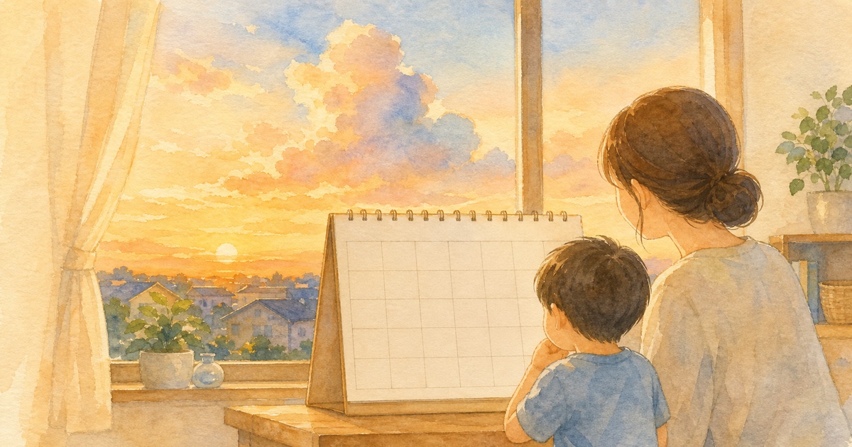 夏の夕暮れにカレンダーを眺める親子の水彩イラスト