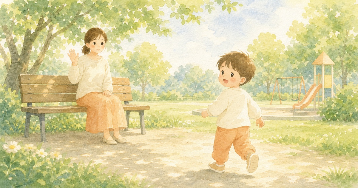 公園で親を振り返る子どもとベンチから手を振る親の水彩イラスト