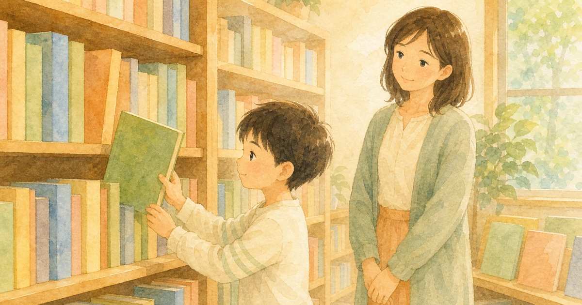 本棚の前で絵本を選ぶ子どもと見守る親の水彩イラスト