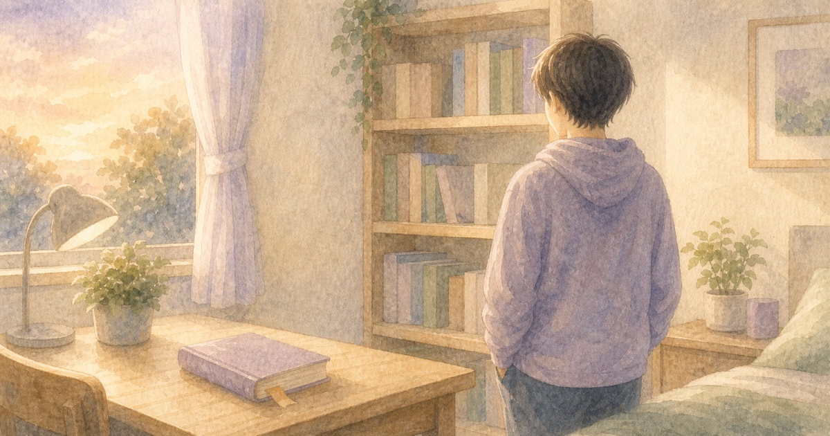 思春期の子の部屋にそっと置いておく本のイメージ（やさしい水彩イラスト）