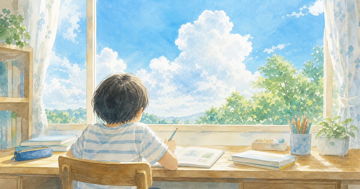 入道雲の見える窓辺の机で、鉛筆を持ったまま外を眺める男の子。夏休みの宿題が進まない子のイメージ