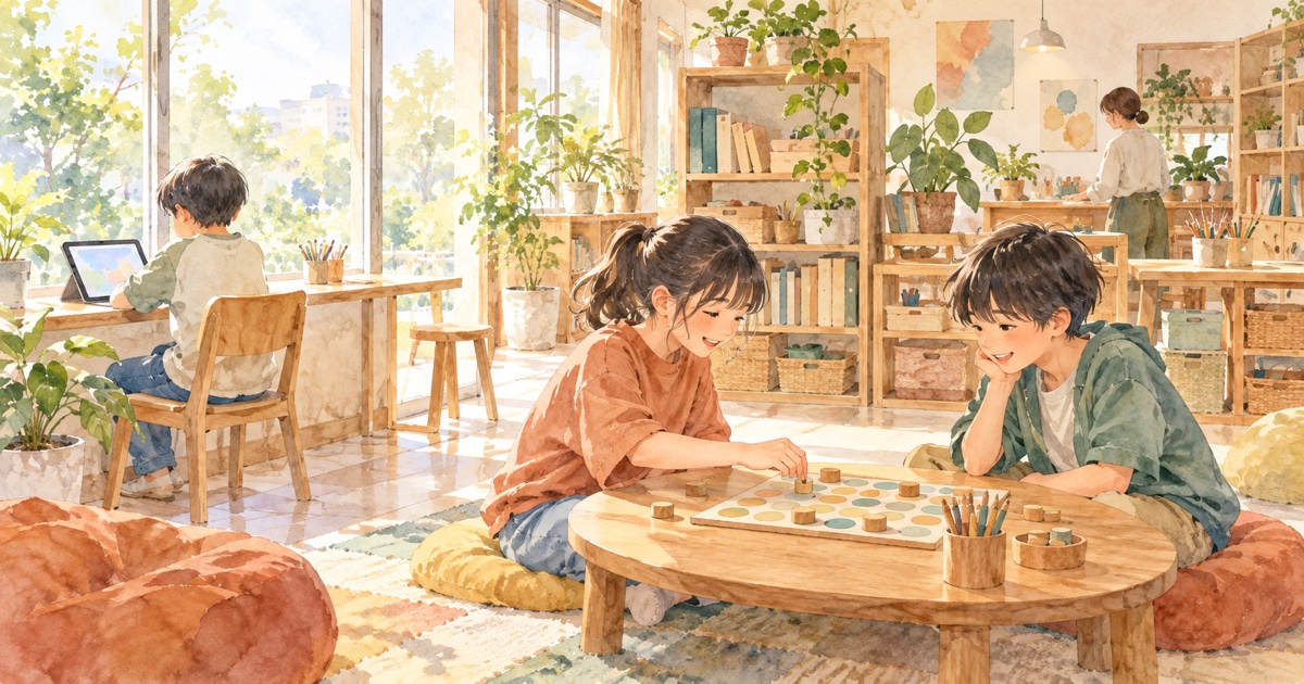 窓の大きな明るい教室で、低いテーブルを囲んでボードゲームをする子ども2人と、窓際でタブレットを使って学ぶ子ども。奥で大人が見守っている